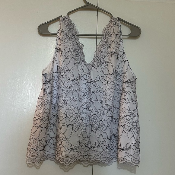 LOFT V-Neck Floral Lace Tank Women M White Black Bow Front Casual Office Work - Picture 7 of 7